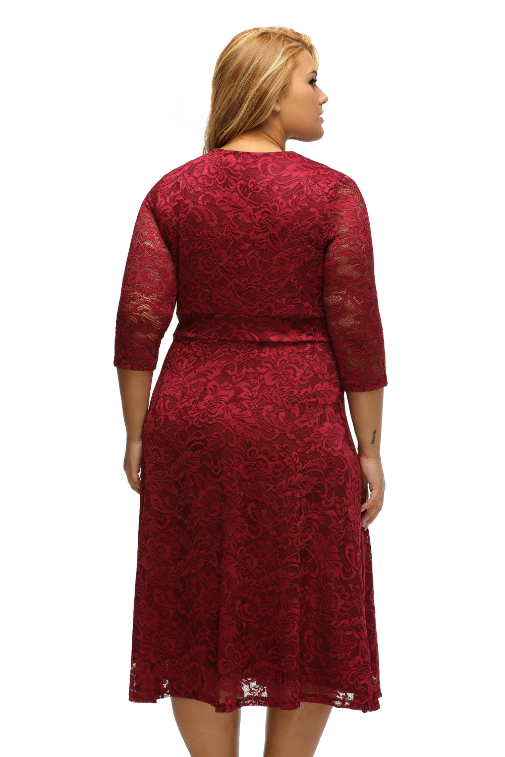 BY61442-3 Burgundy Plus Size Surplice Lace Formal Skater Dress